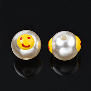 ABS Plastic Imitation Pearl Beads, with Enamel, Round with Expression, Gold, 12x11mm, Hole: 2mm(KY-N015-102)