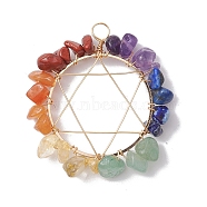 Chakra Gemstone Chips Copper Wire Wrapped Pendants, Pentagram Charms, Mixed Dyed and Undyed, Golden, 43x41x6~8mm, Hole: 4.5mm(PALLOY-JF02554-01)