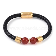 10.5mm Round Natural Carnelian Bead Bracelets, Braided Leather Cord Bracelets with Ion Plating(IP) Golden Color Tone 304 Stainless Steel Magnetic Clasps, for Men Women, 8-1/4 inch(20.8cm), Bead: 10.5mm(BJEW-A009-07G-01)