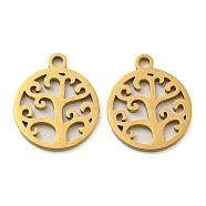 Ion Plating(IP) 316 Surgical Stainless Steel Charms, Laser Cut, Flat Round with Tree of Life Charm, Real 18K Gold Plated, 14.5x12.5x1mm, Hole: 1.6mm(STAS-H190-02G-01)