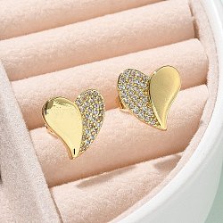 Brass Micro Pave Clear Cubic Zirconia Stud Earrings for Women, Heart, Real 18K Gold Plated, 11.5x12mm(EJEW-U034-02G-01)