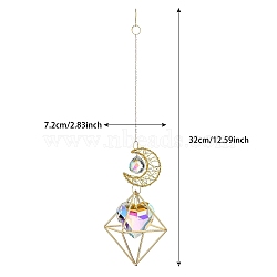 Moon & Diamond Metal Hanging Ornaments, Glass Charm Suncatchers, Heart, 320x72mm(PW-WG76722-02)