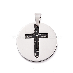 304 Stainless Steel Manual Polishing Pendants, Flat Round with Cross & Word, Gunmetal & Stainless Steel Color, 30x1mm, Hole: 4.7x7.5mm(STAS-G269-01P)