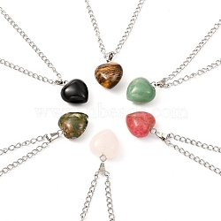 Heart Natural & Synthetic Mixed Gemstone Pendant Necklaces, with 304 Stainless Steel Curb Chains, 17.52 inch(44.5cm)(NJEW-JN03647)