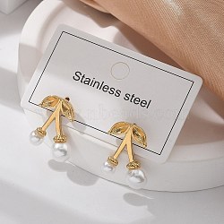 Cherry 304 Stainless Steel Stud Earrings, with Plastic Pearl, Ion Plating(IP), Golden, 18x15mm(EJEW-L287-066G)