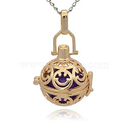 Golden Tone Brass Hollow Round Cage Pendants, with No Hole Spray Painted Brass Round Ball Beads, Medium Purple, 35x25x21mm, Hole: 3x8mm(KK-J216-14G)