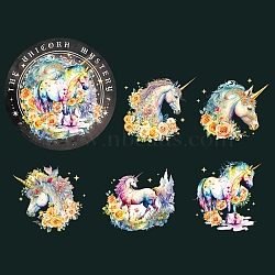 10Pcs 5 Styles PET Waterproof Self Adhesive Unicorn Stickers, for Scrapbooking, Travel Diary Craft, Gold, 60x60mm, 2pcs/style(PW-WG95401-06)