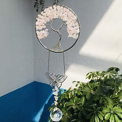 Glass Teardrop Pendant Decoration, Hanging Suncatchers, with Natural Rose Quartz Chip Tree of Life, for Window Home Garden Decoration, Butterfly, 370mm(DJEW-PW0019-05C)