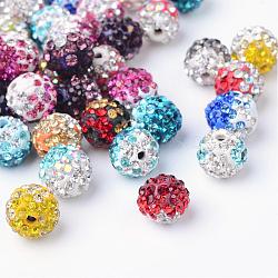 Two-Tone Color Handmade Polymer Clay Disco Ball Beads, with Glass Rhinestone, Mixed Color, 9~10mm, Hole: 2mm(RB-R041-M)