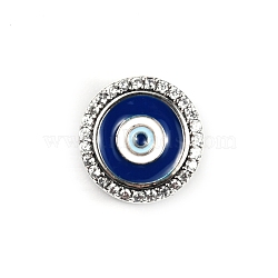 Anti-Tarnish Sterling Silver European Beads, Large Hole Beads, with Cubic Zirconia and Enamel, Flat Round with Evil Eye, Platinum, Dark Blue, 11.8x7.5mm, Hole: 4.5mm(FIND-WH0110-028)