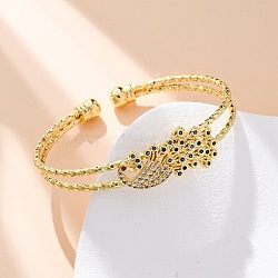 Brass Micro Pave Cubic Zirconia Cuff Bangles for Women, Rack Plating, Cadmium Free & Lead Free, Lasting Plated, Peacock, Real 18K Gold Plated, Inner Diameter: 1-3/4 inch(4.45cm)(BJEW-U025-09G)