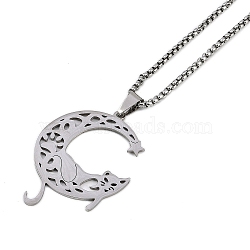 304 Stainless Steel Hollow Moon Cat Shaped Pendant Box Chain Necklaces, Stainless Steel Color, 23.62 inch(60cm)(NJEW-M010-06P)