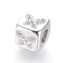 Brass Beads, with Micro Pave Cubic Zirconia, Cube with Butterfly, Clear, Platinum, 6x6x6mm, Hole: 3mm(KK-I657-02P)