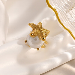 304 Stainless Steel Cuff Open Rings for Women, Starfish, with Resin Imitation Pearl Beads, Golden, 18mm(SA-CBAF36C-09G)