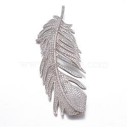 Brass Micro Pave Cubic Zirconia Big Pendants, Feather, Platinum, 80x31x5mm, Hole: 3mm(KK-P049-05P)