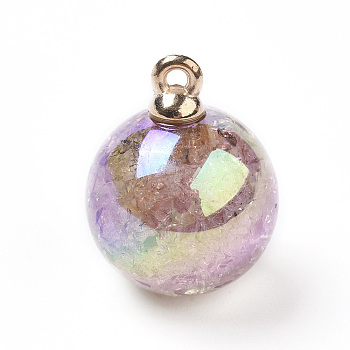 Transparent Crackle Acrylic Pendants, with Golden Plated Metal Findings, Round, Rosy Brown, 20.5x16mm, Hole: 1.2mm