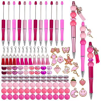 DIY Beadable Pen Making Kit, Including Heart & Bowknot & Flamingo Alloy Enamel & Tassel Charms, ABS Plastic Ball-Point Pen, Natural Wood & Resin & Rhinestone European Beads, Pink, 131Pcs/box
