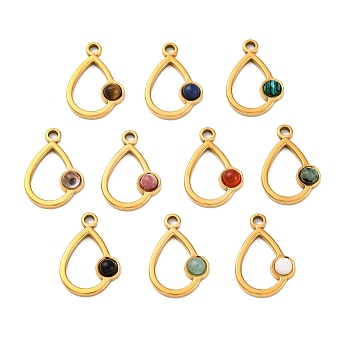 Natural Mixed Stone Pendants, Ion Plating(IP) 304 Stainless Steel Teardrop Charms, Real 18K Gold Plated, Mixed Dyed and Undyed, 21x14.5x3.5mm, Hole: 2mm