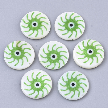 Natural Freshwater Shell Beads, Double-side Printed, Flat Round with Evil Eye, Light Green, 18x3mm, Hole: 1mm