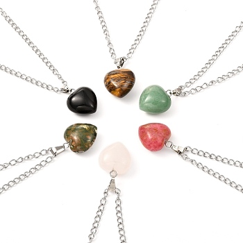 Heart Natural & Synthetic Mixed Gemstone Pendant Necklaces, with 304 Stainless Steel Curb Chains, 17.52 inch(44.5cm)