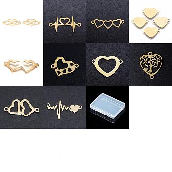 20Pcs 10 Styles 201 & 304 Stainless Steel Connector Charams, Manual Polishing, Polyamory Links, Manual Polishing, Heart, Real 18K Gold Plated, 7.5~19x9.5~28.5x1~1.5mm, Hole: 1.2~2mm, 2pcs/style