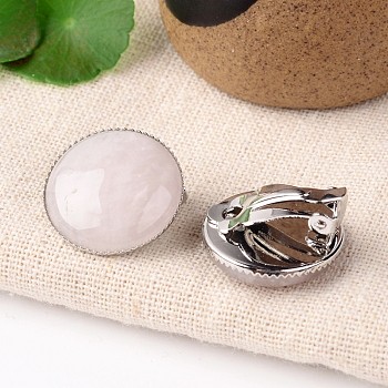 Natural Rose Quartz Dome/Half Round Clip-on Earrings, with Platinum Plated Brass Findings, 21mm