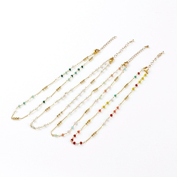 Faceted Glass Beaded Necklaces, with Brass Beads and Lobster Claw Clasps, Round, Real 18K Gold Plated, Mixed Color, 15-5/8 inch(39.7cm)