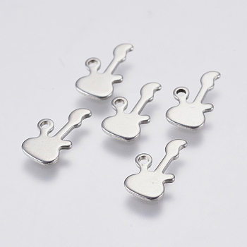 201 Stainless Steel Charms, Guitar, Stainless Steel Color, 12x6.5x0.8mm, Hole: 1mm