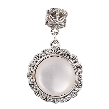 Tibetan Style Alloy European Dangle Charms, with Resin, Flat Round, White, 47.5mm, Hole: 5mm, Pendants: 32.5x28.5x6mm