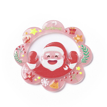 Christmas Acrylic Pendants, Flower Charm, Santa Claus, 37.5x37.5x2.5mm, Hole: 1mm