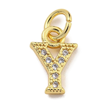 Initial Letter Brass with Cubic Zirconia Charms, Real 18K Gold Plated, Long-Lasting Plated, Lead Free & Cadmium Free, Letter Y, 10.5x7x1.5mm, ring: 5x1mm, inner diameter: 3mm
