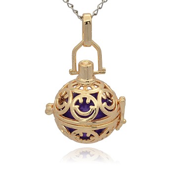 Golden Tone Brass Hollow Round Cage Pendants, with No Hole Spray Painted Brass Round Ball Beads, Medium Purple, 35x25x21mm, Hole: 3x8mm