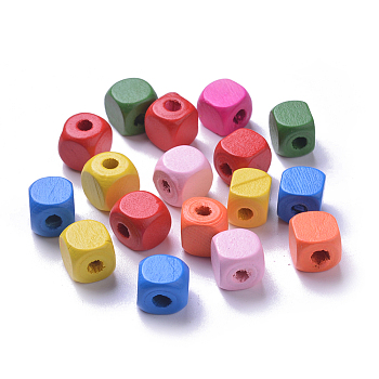 Dyed Natural Wood Beads, Cube, Mixed Color, 10x10x10mm, Hole: 3.5mm, about 925pcs/500g