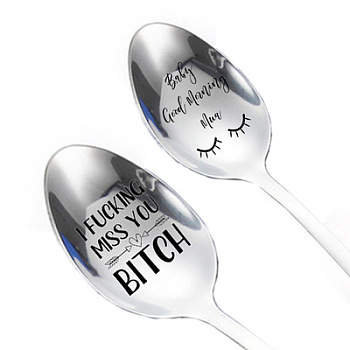 Stainless Steel Spoon, with Black Word, Stainless Steel Color, Ice Cream Pattern, 196x32mm, 2pcs/set