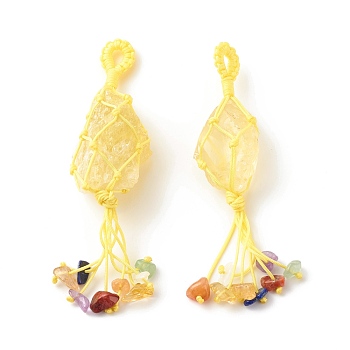 Natural Citrine Pendants, with Gemstone Chip Beads and Nylon Threads, Tassel, 98~105x23~27x15~20.5mm, Hole: 5.4x6.3mm