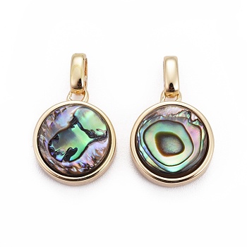 Natural Abalone Shell/Paua Shell Pendants, with Brass Findings, Flat Round, Golden, 15x12.5x5mm, Hole: 2mm