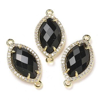 Natural Obsidian Faceted Horse Eye Connector Charms, Rack Plating Brass Micro Pave Clear Cubic Zirconia Links, Golden, 26.5~27x14x5mm, Hole: 1.6mm