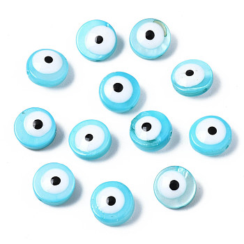 Natural Freshwater Shell Beads, with Enamel, Dyed, Flat Round with Evil Eye, Sky Blue, 8x3~4mm, Hole: 0.8mm