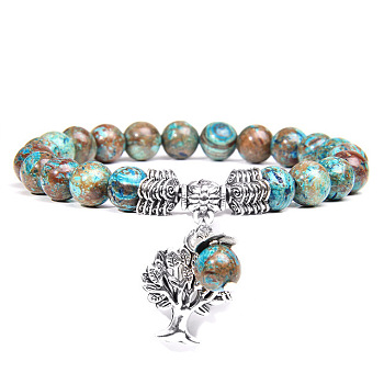 Natural Imperial Jasper Beaded Stretch Bracelet with Alloy Tree of Life Charms,  6-3/4~8-5/8 inch(17~22cm)