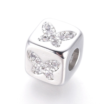 Brass Beads, with Micro Pave Cubic Zirconia, Cube with Butterfly, Clear, Platinum, 6x6x6mm, Hole: 3mm