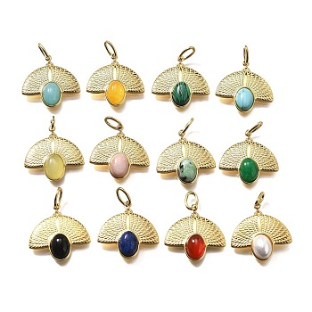 304 Stainless Steel Pave Gemstone Pendants, Fan Charms with Jump Rings, Ion Plating(IP), Real 14K Gold Plated, Mixed Dyed and Undyed, 20x20x5mm, Hole: 2.5x5mm