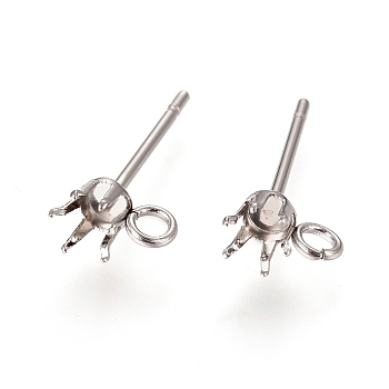 Non-Tarnish 304 Stainless Steel Post Stud Earring Settings, Prong Earring Setting, with Loop, Stainless Steel Color, 15x5.9~6.7mm, Hole: 1.7mm, Pin: 0.7mm, Tray: 4mm