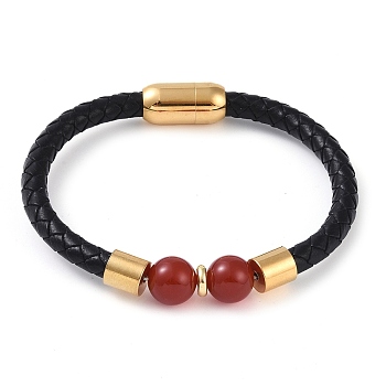 10.5mm Round Natural Carnelian Bead Bracelets, Braided Leather Cord Bracelets with Ion Plating(IP) Golden Color Tone 304 Stainless Steel Magnetic Clasps, for Men Women, 8-1/4 inch(20.8cm), Bead: 10.5mm
