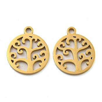 Ion Plating(IP) 316 Surgical Stainless Steel Charms, Laser Cut, Flat Round with Tree of Life Charm, Real 18K Gold Plated, 14.5x12.5x1mm, Hole: 1.6mm