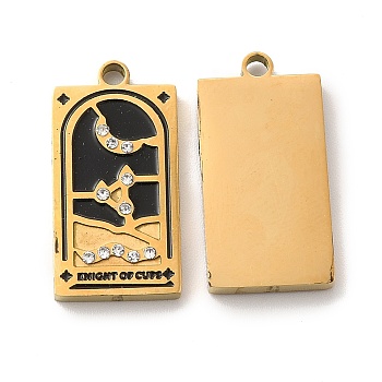 304 Stainless Steel Pendants, with Enamel and Rhinestone, Golden, Rectangle with Tarot Pattern, Knight of Cups, Black, 21x10.5x2mm, Hole: 1.5mm
