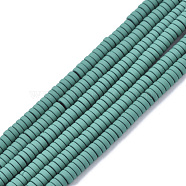 Spray Painted Non-magnetic Synthetic Hematite Beads Strands, Heishi Beads, Flat Round/Disc, Teal, 3x1mm, Hole: 0.8mm, about 335~338pcs/strand, 15.94 inch(40.5cm)(G-R468-03B-03)