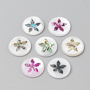 Freshwater Shell Pendants, Covered with Iron Findings, Flat Round with Flower, Mixed Color, 20x3~4mm, Hole: 1.4mm(SHEL-Q016-042)