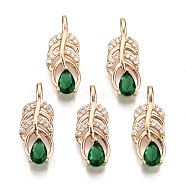 Brass Micro Pave Cubic Zirconia Pendants, with Glass, Long-Lasting Plated, Feather with Teardrop, Light Gold, Sea Green, 20x8x4mm, Hole: 1.8mm(X-KK-R111-013-A01)