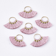 Polycotton(Polyester Cotton) Tassel Pendants Decorations, with Brass Findings, Fan Shape, Golden, Flamingo, 14~15x20~22x1.5mm, Hole: 7mm(FIND-S302-11B)