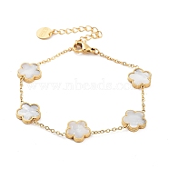Flower Shell Link Chain Bracelets, Golden Tone 304 Stainless Steel Cable Chain Bracelets for Women, White, 6-1/4~6-3/8 inch(15.9~16.3cm)(BJEW-K247-01G-06)